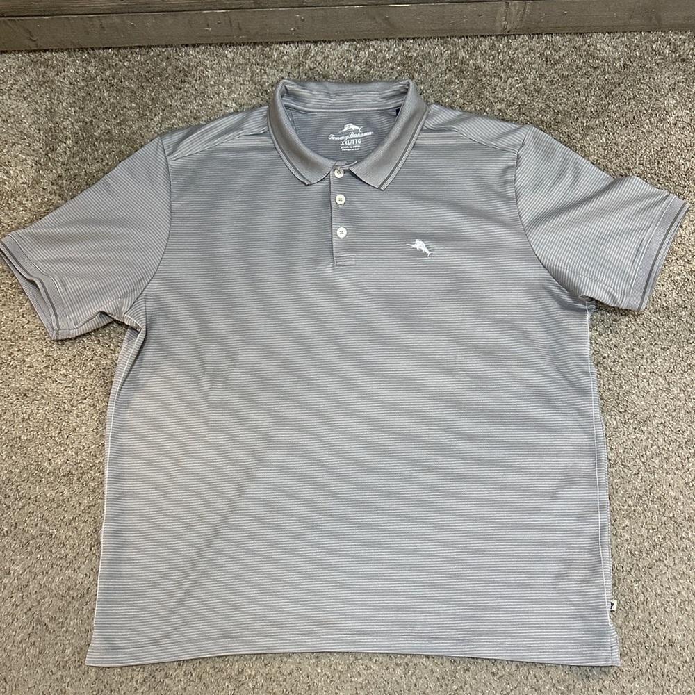 Tommy Bahama Polo Shirt Mens XXL Grey Pin Stripe Cotton Blend Golf Casual Resort